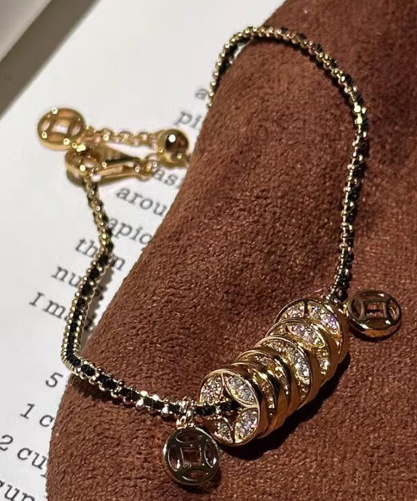 Full Diamond Black Gold Taoist Fortune Coin Bracelet