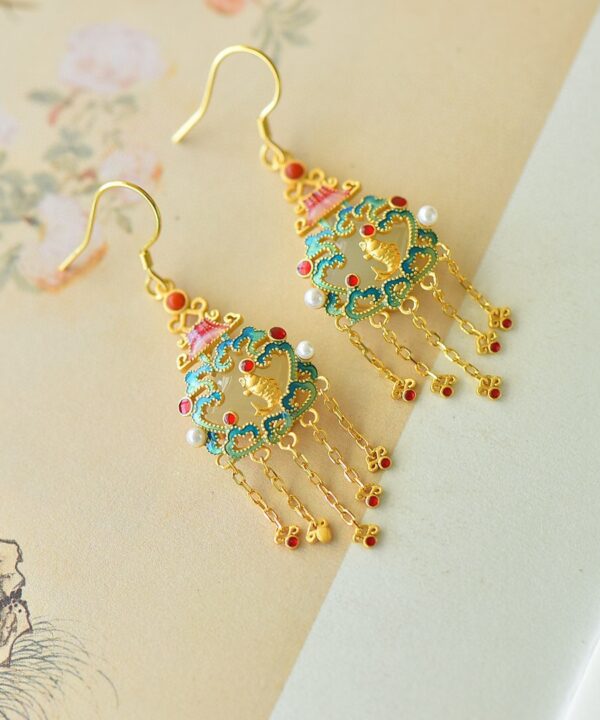 Natural Hetian Jade Fish Leaping Over Dragon Gate Tassel Earrings (2)